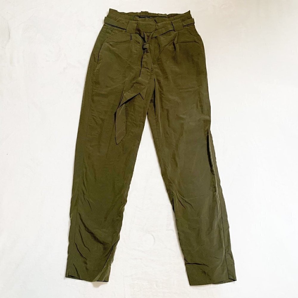 Express‎ Womens High Rise Ankle Paperbag Waist Tie Pants Olive Green Size 0